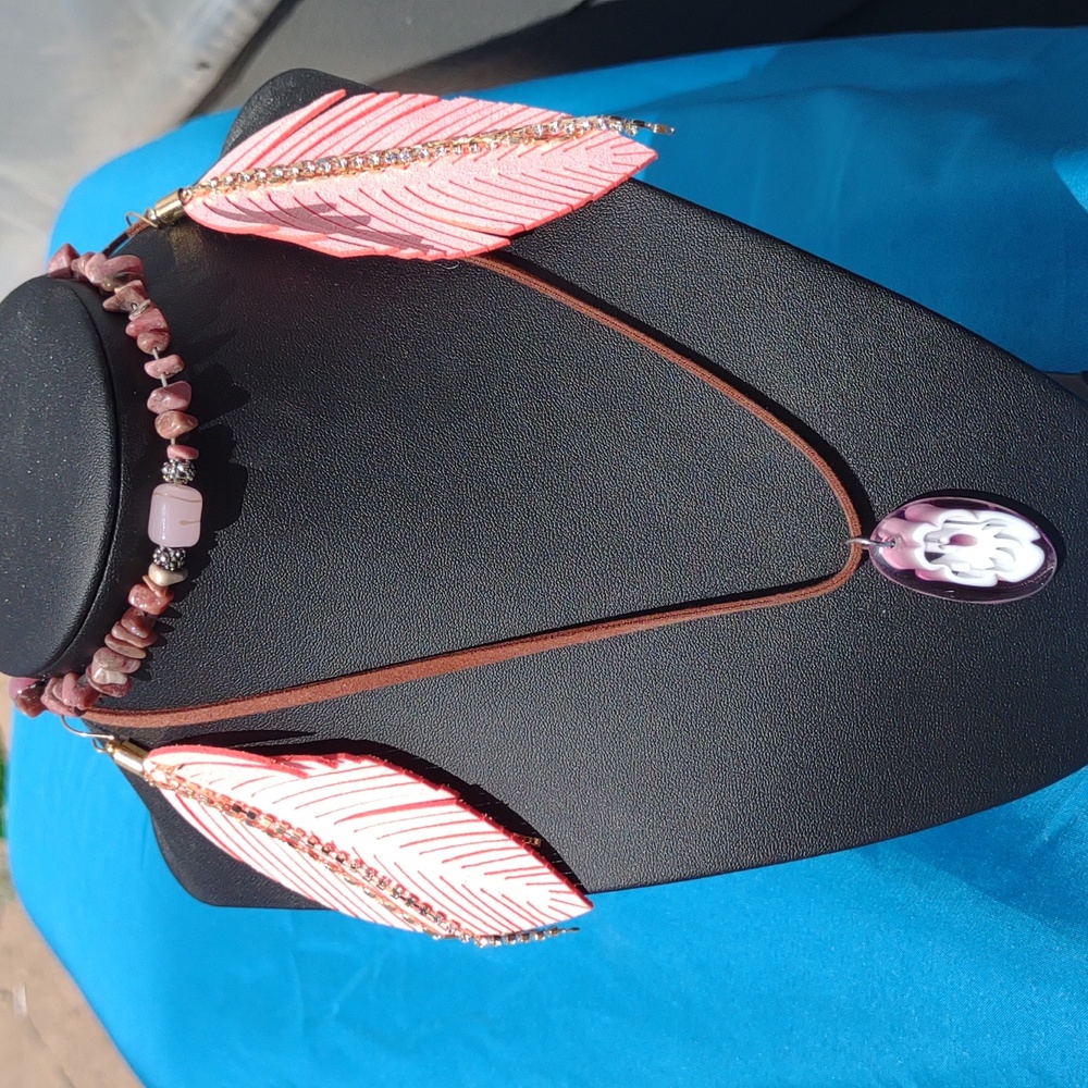 Pink leather feather set necklace, bracelet, earrings